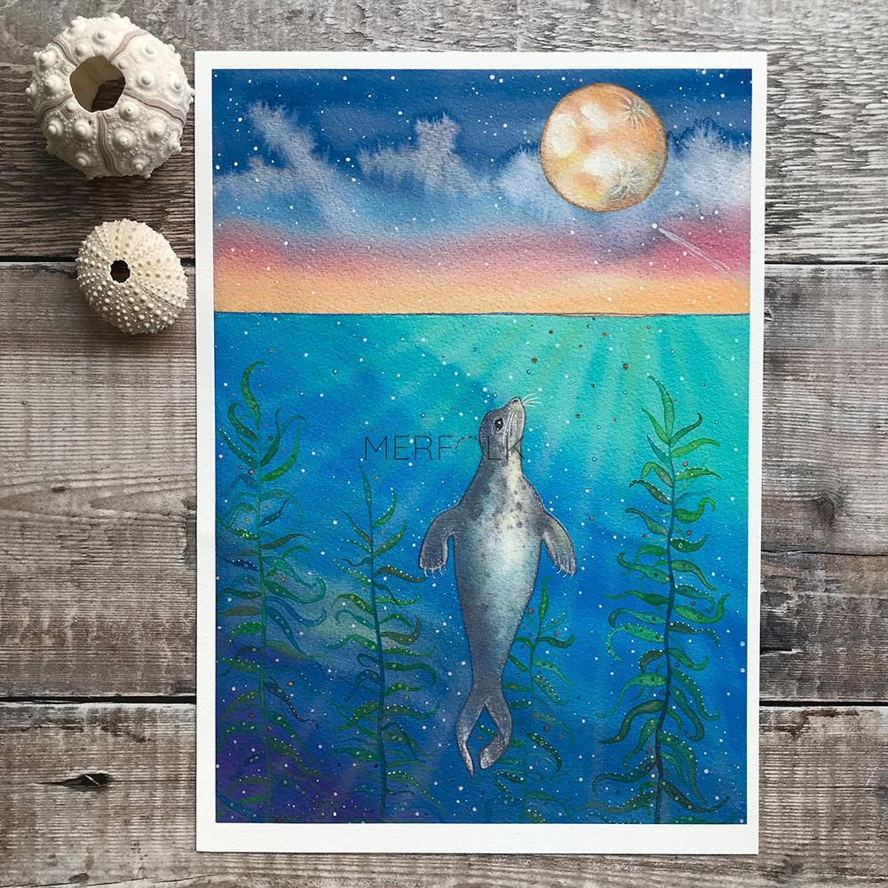 Moon Gazing Seal Print Whimsical Merfolk Art