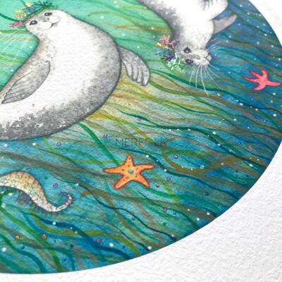 Metallic watercolour enhanced on The Harbour Seals watercolour painting