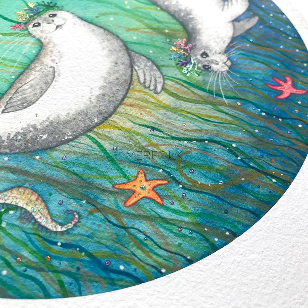 Metallic watercolour enhanced on The Harbour Seals watercolour painting
