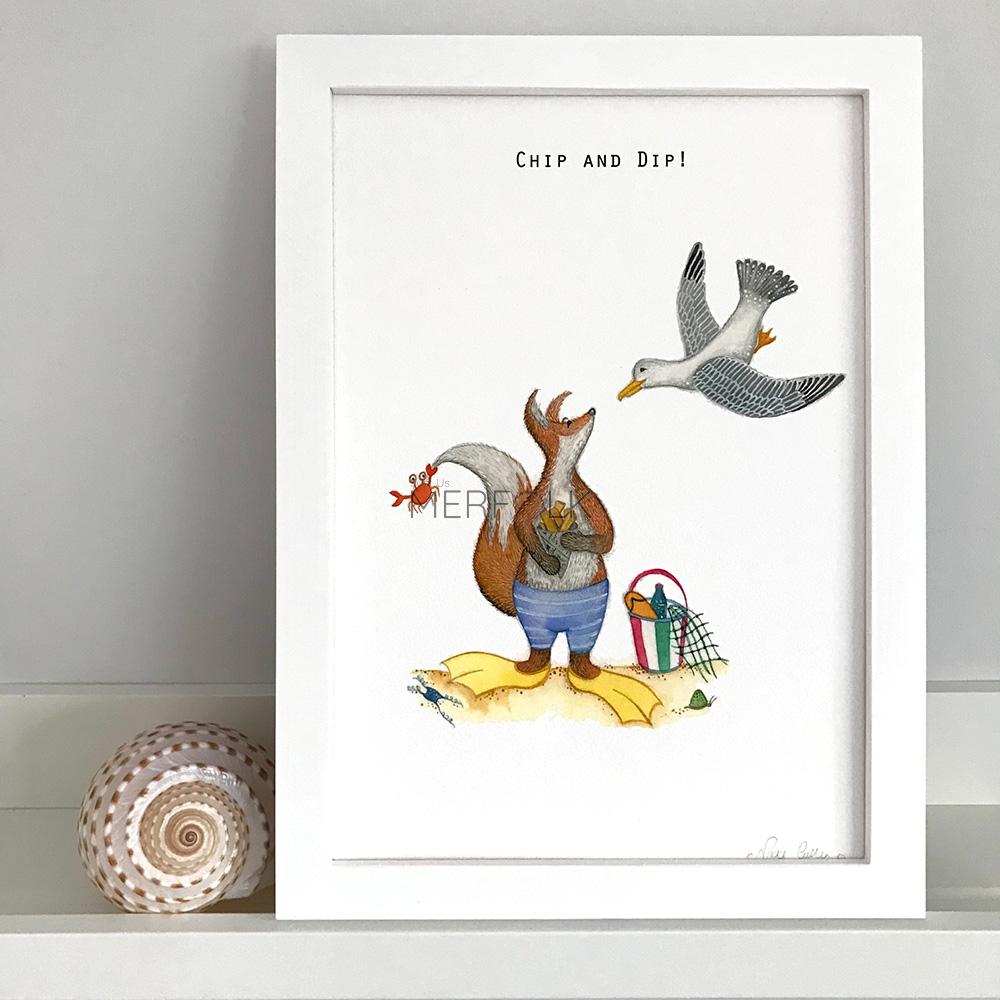 Framed example of Felix Fox Chip and Dip Watercolour Painting