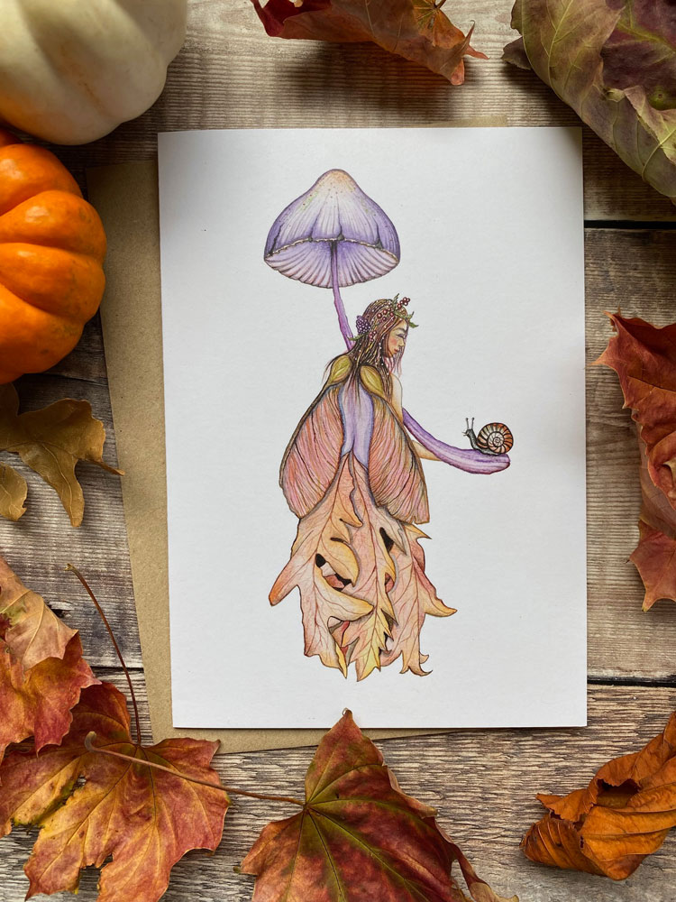 Autumn fairy and mushroom card