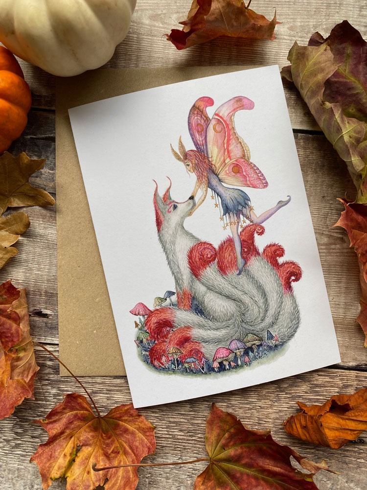 Kitsune and moth fairy card