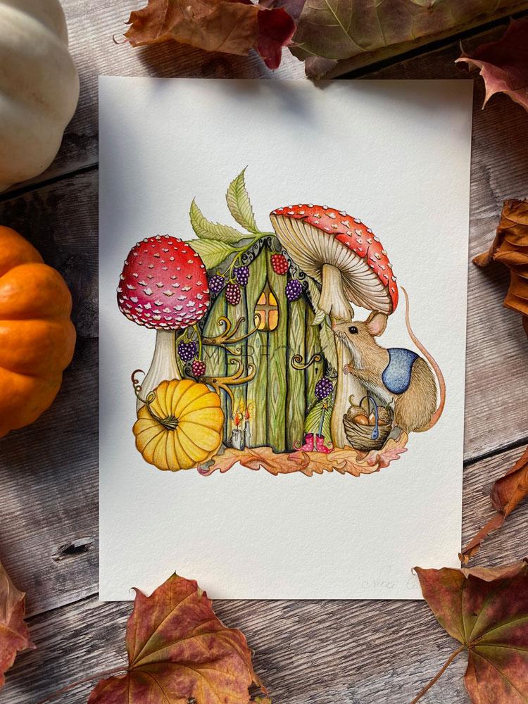 Fairy door with mushrooms and mouse