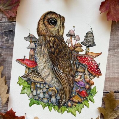 Owl and fairy mushroom print