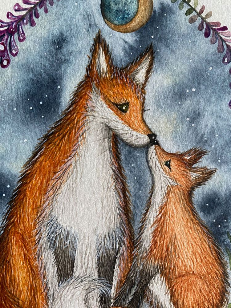 fox and cub watercolour close up of faces