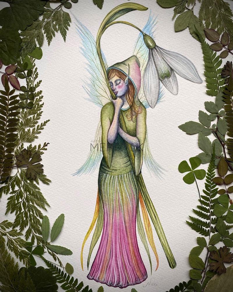 snowdrop fairy watercolour full painting