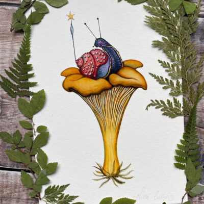 weird is wonderful snail and chanterelle mushroom print