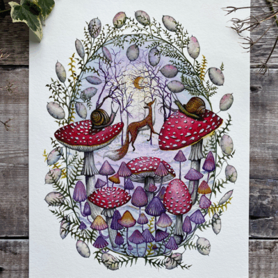 Frolocking fox and mushrooms a4 print