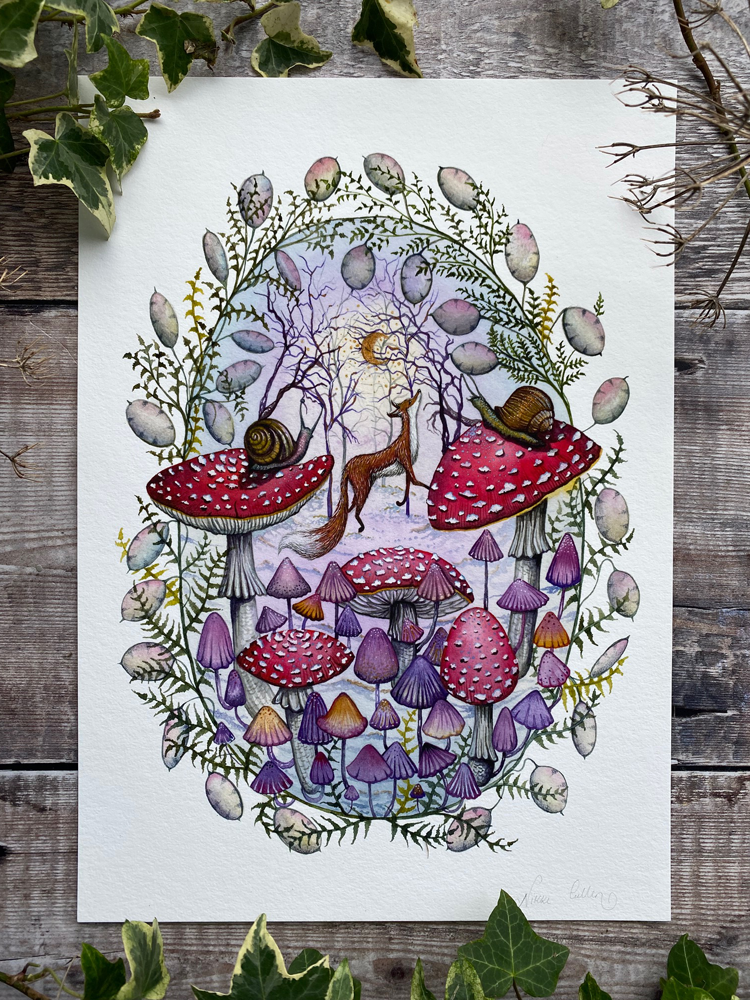 Frolocking fox and mushrooms a4 print