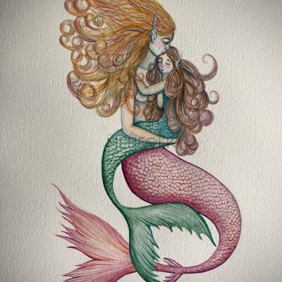 mermum and merchild large water colour painting