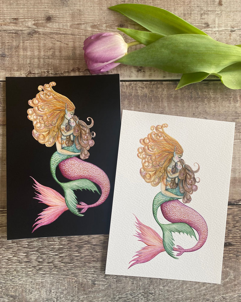 mermaid and merchild in pastel colours on a white and black bakcground