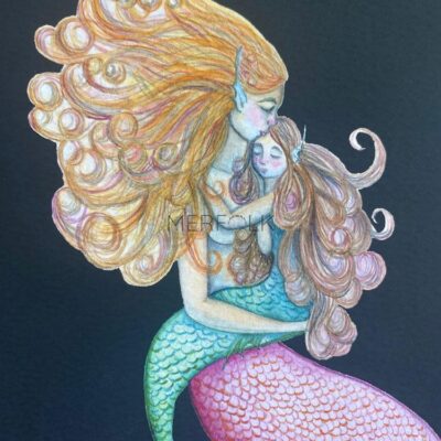 mermaid and child close up of flowing hair on a black background