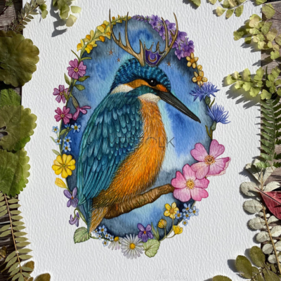 kingfisher in a crown with antlers surrounded by wild flowers