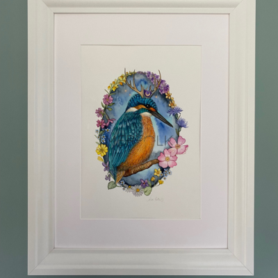 framed print of kingfisher in a crown with british wild flowers