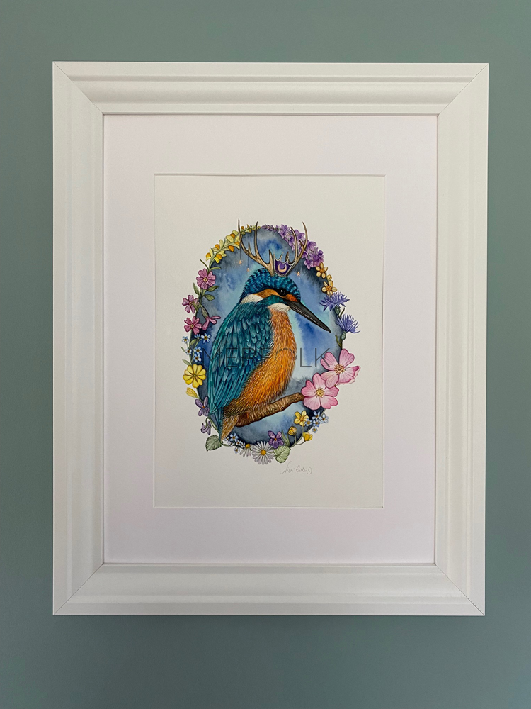 framed print of kingfisher in a crown with british wild flowers