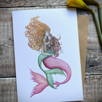 A5 mermaid card with mermaid mother with a pink tail and mermaid child with a green child
