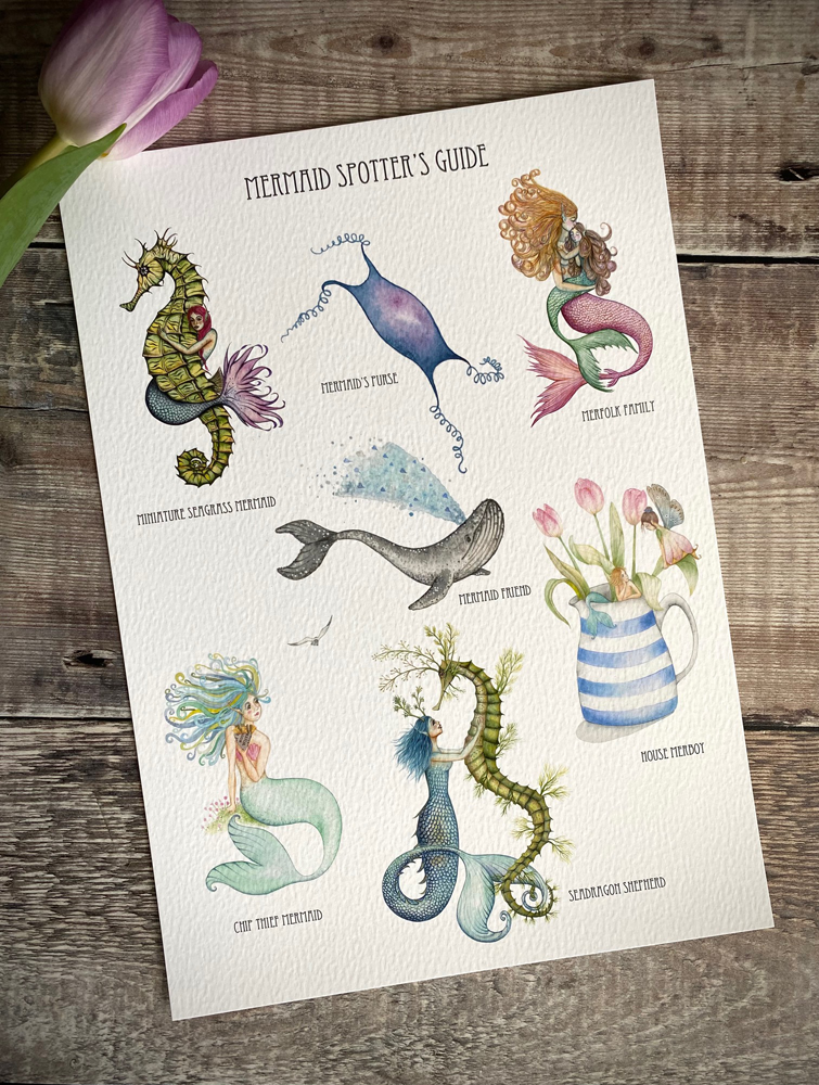 a4 print of mermaids, whales, seahorse, seadragon and mermaids purse