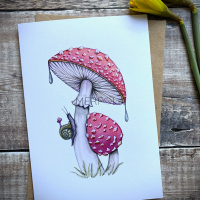 Large and small Fly Agaric mushroom card with tiny snail detail