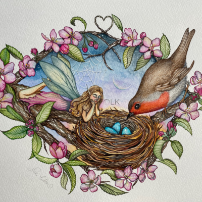 fairy and robin waching over blue eggs in a nest surrounded by apple blossom watercolour art