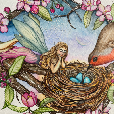 close up image of robin nest with eggs watercolour illustration