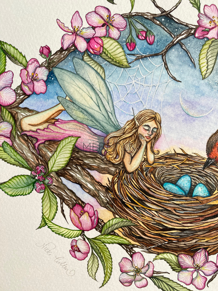 close up of apple blossom fairy lying on a branch with a robin nest and eggs
