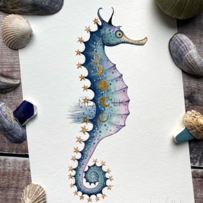blue and purple seahorse with moon phases and stars print