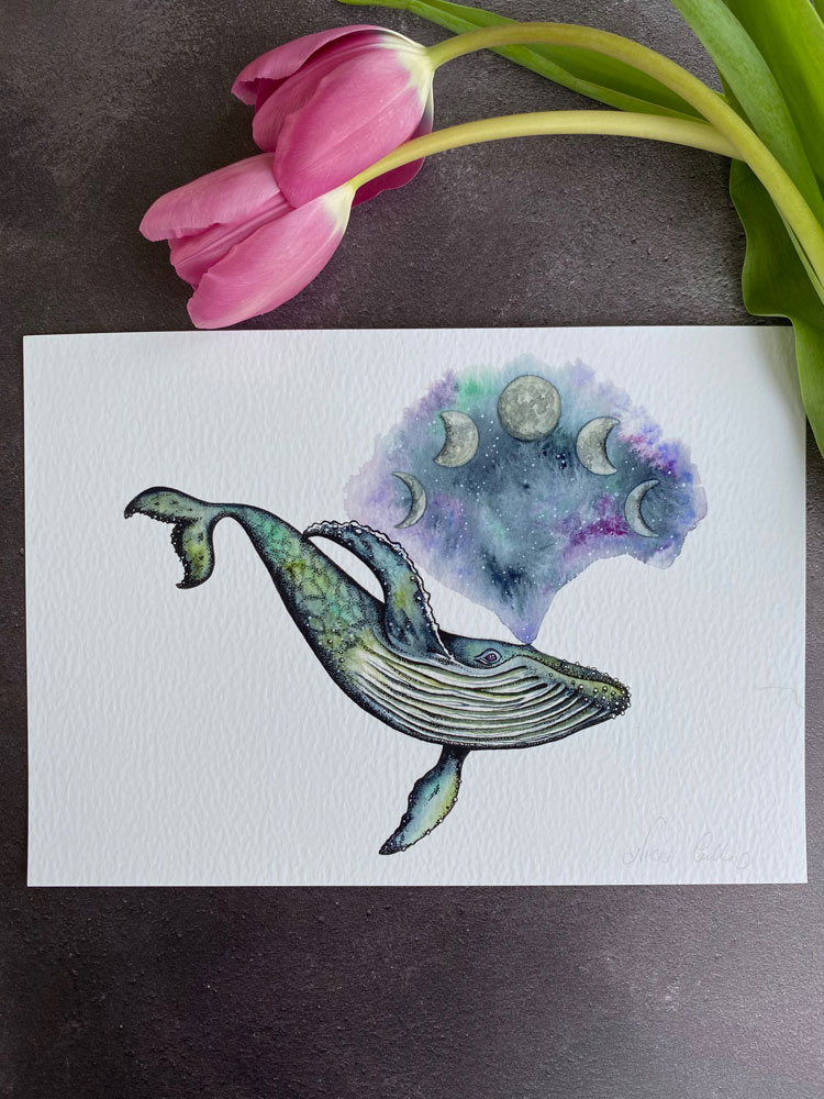 celestial humpback whale with moon phases
