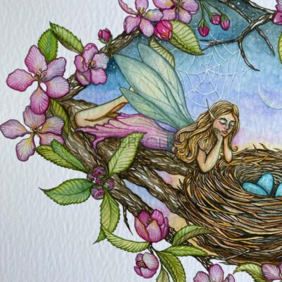 flower fairy with green wings in tree with pink apple blossom