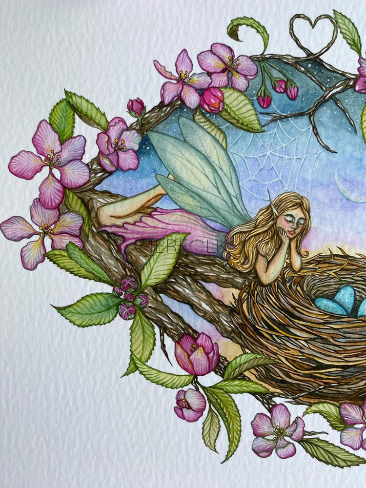 flower fairy with green wings in tree with pink apple blossom