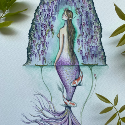 original watercolour purple wisteria mermaid with koi carp and lily pads