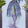 purple mermaid print with koi carp, lily pads and wisteria