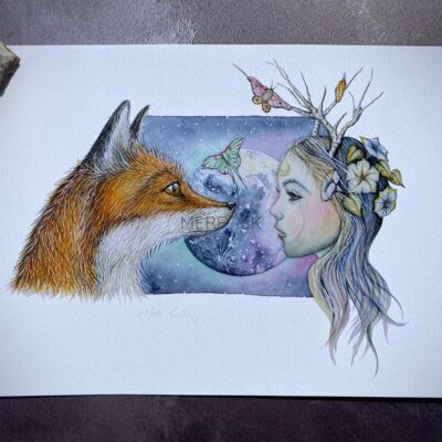 moon goddess and fox in front of full moon.