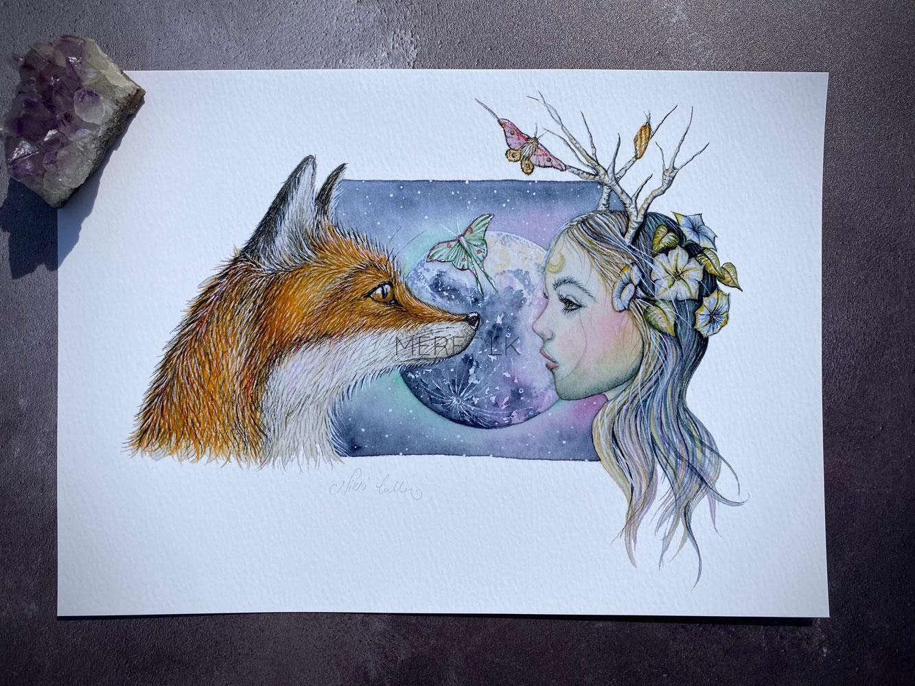 moon goddess and fox in front of full moon.