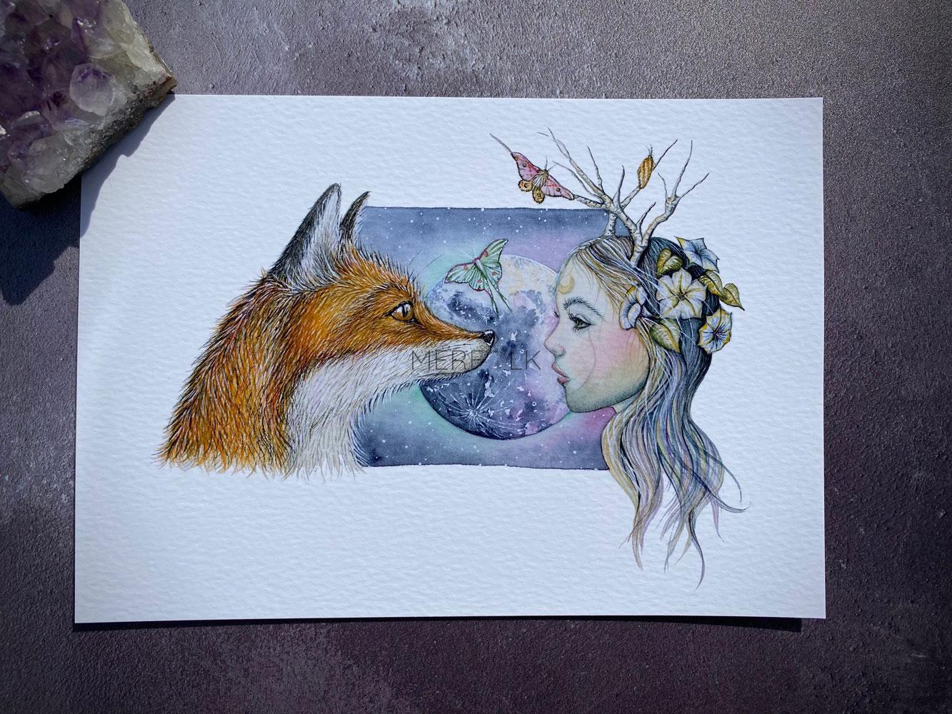Lunar moon goddess with fox, full moon and lunar moth