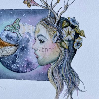 Moon goddess with moonflowers in hair and birchwood antlers with moths
