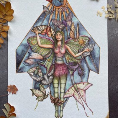equinox faery with lunar moth wings and surrounded by many multicoloured moths