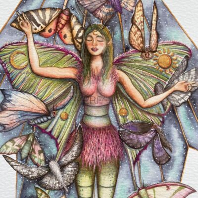 close up of fairy print with moths and moon
