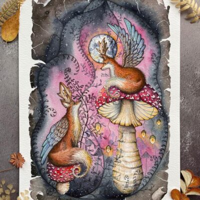 fairy foxes with mushrooms and full moon watercolour print