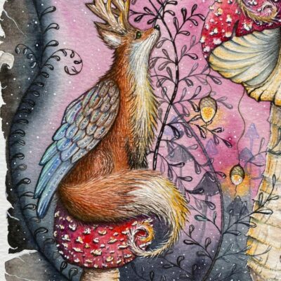 foxalope sat on fly agaric mushroom