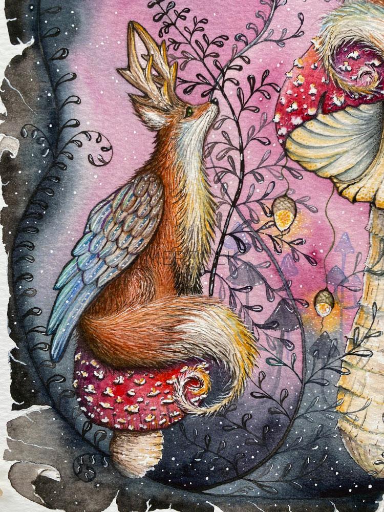 foxalope sat on fly agaric mushroom