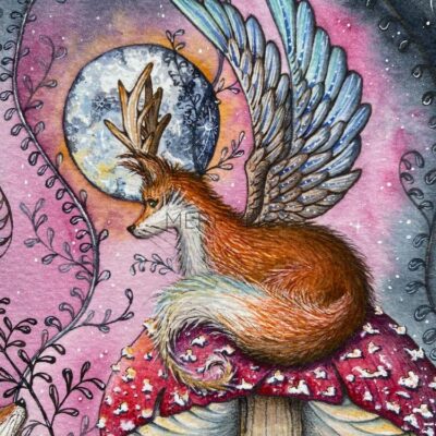 foxalope with blue full moon