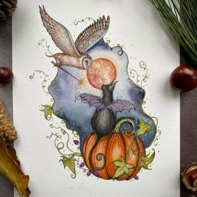 A4 black bat cat with pumpkin under the harvest moon.