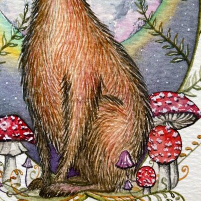 jackalope body with fly agaric mushrooms and ferns