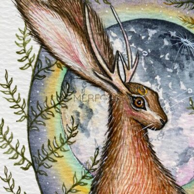 jackalope face and full moon watercolour print artwork