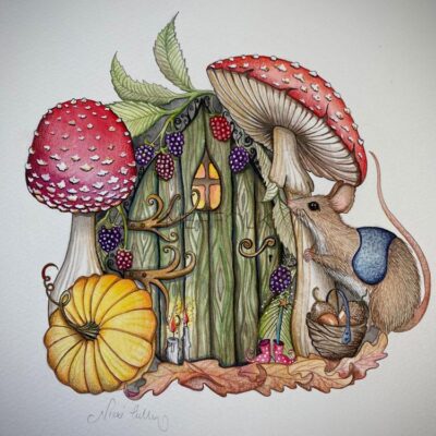 harvest fairy door with mouse and pumpkins