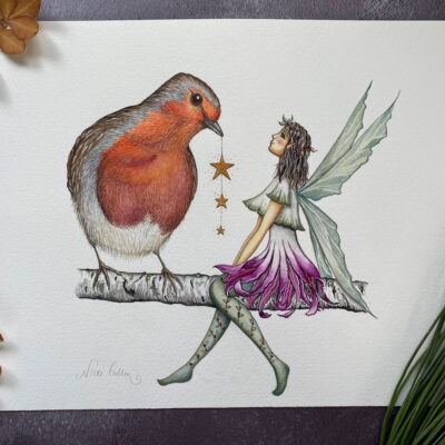 Original watercolour artwork of a robin and fairy.